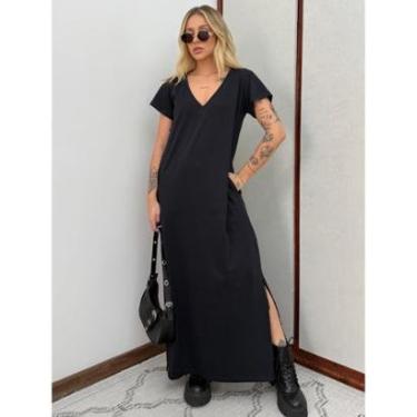 Imagem de Vestido Longo de Algodão com Bolso Decote V Preto-Feminino