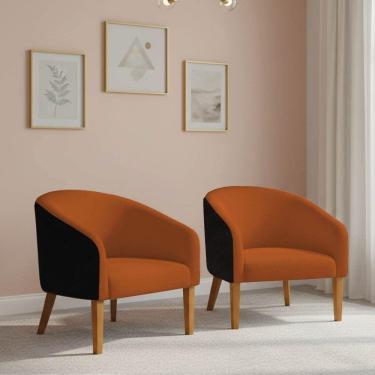 Imagem de Poltrona Sala Decorativa Kit 2 Stella Pé Madeira Trapézio Castanho Sintético Pu Preto-bouclê Terra D03 - D'rossi