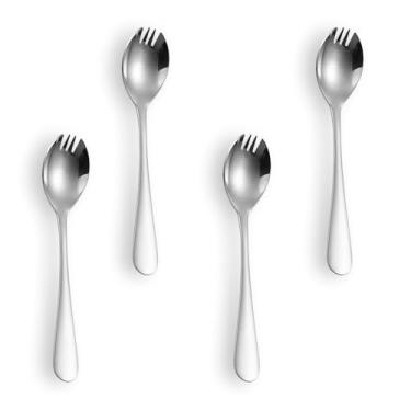 Imagem de ZJO Garfo de aço inoxidável, pacote com 4, utensílios reutilizáveis e colher de garfo para acampamento, salada, sopa, macarrão, lava-louças