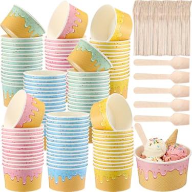 Imagem de Ninehaoou Pacote com 100 copos de sorvete de papel com colheres copos de sobremesa de papel tigelas coloridas de sudae recipientes de sorvete descartáveis para sopa quente verão formatura bar