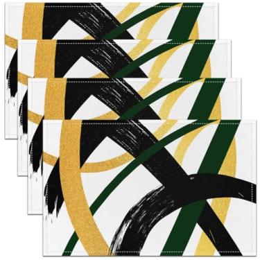 Imagem de Feelyou Jogo americano preto dourado verde conjunto de 4 tapetes de mesa geométricos abstratos modernos minimalistas neutros para cozinha, mesa de jantar, decoração de festa, ambientes internos e