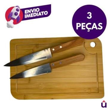 Imagem de Kit Churrasco Tábua de Corte Madeira Bambu E Garfo Trinchante Inox E F