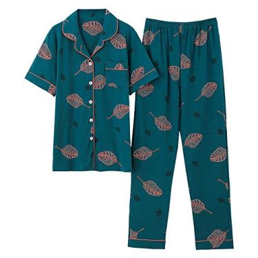 Imagem de HHHJQFAAT Conjunto de pijama feminino com gola virada para baixo, blusa curta + calça longa, conjunto de duas peças, pijama feminino plus size (verde 2X)