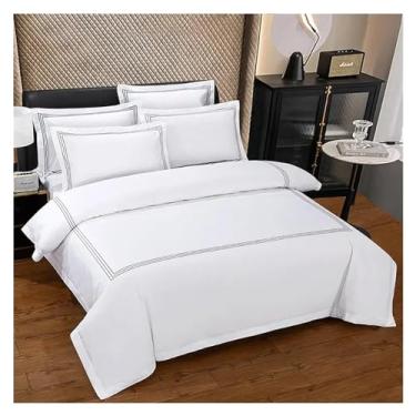 Imagem de Jogo de capa de edredom macio de algodão 600TC branco com cinza/azul bordado hotel fronha casal queen king conjunto de cama 4 peças, conjuntos de capa de edredom (um lençol de cama plano_Queen 4 peças