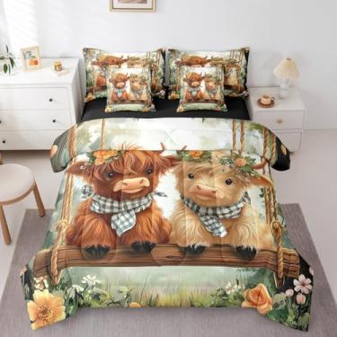 Imagem de Erosebridal Jogo de cama infantil de vaca Highland Highland, cama em uma bolsa, estampa de animais de fazenda, com conjunto de lençóis, para decoração de quarto de crianças, meninos, meninas,