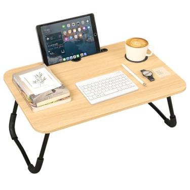 Imagem de Bandeja de mesa de cama com pernas dobráveis, mesa de colo de madeira para laptop, mesa de colo pequena com suportes de copo e tablet, bandeja de colo portátil para sofá, sofá, comer, ler, trabalhar