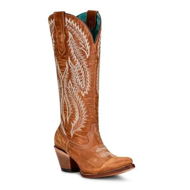 Imagem de Corral Boots Botas femininas estilo caubói marrom feito à mão | Botas caubói altas com design de couro marrom envelhecido e bordado branco, Dourado, 39