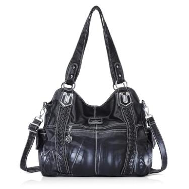 Imagem de Bolsa feminina Angel Barcelona espaçosa moda hobo bolsa de ombro sacola de couro lavada, Preto, Large