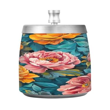 Imagem de STAYTOP Lindo cinzeiro de peônias com tampa, aço inoxidável à prova de vento, sem fumaça, cinzeiro grande para uso ao ar livre para decoração de escritório em casa