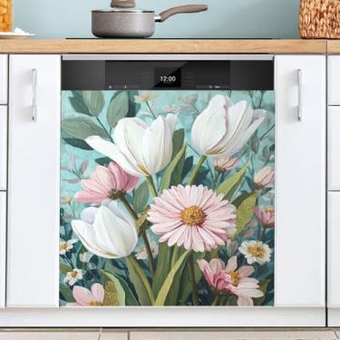 Imagem de Capa de ímã de máquina de lavar louça, estampa de folhas azul-petróleo, flores de primavera, decoração de cozinha, reutilizável, capa de máquina de lavar louça, decalque para eletrodomésticos