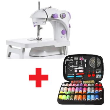 Imagem de KIT 1 MINI MÁQUINA DE COSTURA PORTÁTIL, 1 MESA EXTENSORA E 1 KIT DE COSTURA