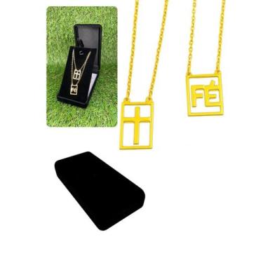 Imagem de Kit Caixinha + Cordão Escapulário 70Cm Dourado Cruz Fé Aço - Visujoias