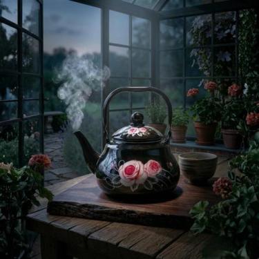 Imagem de Bule Esmaltado Preto Com Flores Rosas Café Vintage Aço Inoxidável Chal