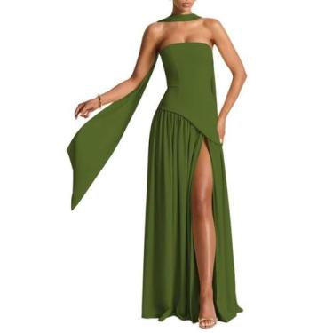 Imagem de Vestido de dama de honra PUXIU verde oliva cetim A-line US26