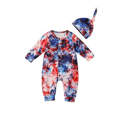 Imagem de Macacão de patchwork tie dye de manga comprida para bebês recém-nascidos com pacote de chapéu para bebês (vermelho, 6 a 12 meses)