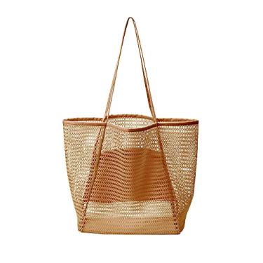Imagem de Bolsa de praia, bolsa de praia extragrande para mulheres, impermeável, à prova de areia, bolsa de ombro feminina de malha, Caqui, Large