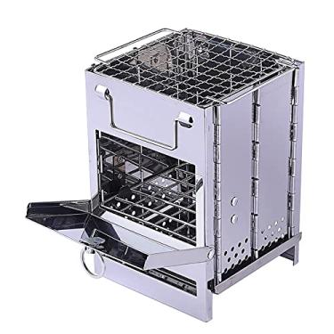 Imagem de Fogão de madeira dobrável portátil para cozinhar ao ar livre resistente leve aço inoxidável fogão de acampamento a lenha para mochila churrasco piquenique, prata, 14 * 14 * 21 cm