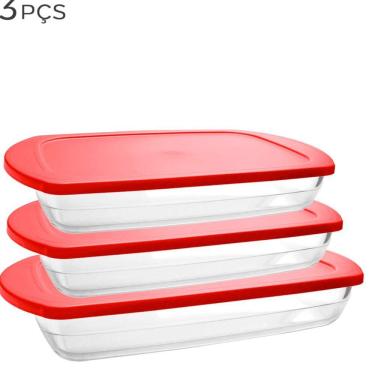 Imagem de Assadeira de Vidro Forma Torta Forno 3un com Tampa Plastica 