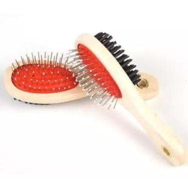 Imagem de Escova Pet Dupla Face Pinos C/Bolinhas E Macia Para Pentear Cabelo Pelos Descamação de Cachorros E Gatos escova de limpeza Com Cabo De Madeira