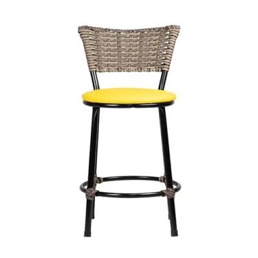 Imagem de Banqueta Baixa Moderna Multiuso Sua Casa Top Cozinha Americana Aço Balcão Area Gourmet Banco Encosto Juncado Estrutura Branca (Junco Sucupira, Amarelo)