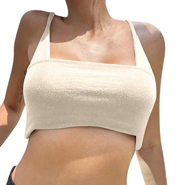 Imagem de Camiseta cropped feminina estampada para sair, camiseta Y2K, sem mangas, blusa camponesa de verão, colete de trabalho, Bege, G