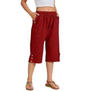 Imagem de Calça capri feminina casual de verão leve cintura elástica perna larga solta yoga cropped calça com bolsos, 2 vinhos, P
