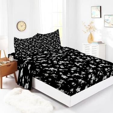 Imagem de Lençol King 198 x 203 cm, preto e branco, floral, 4 peças, lençol de cama luxuoso de microfibra macia, lençol com elástico profundo de 40 cm, respirável, resistente a rugas, resistente ao desbotamento