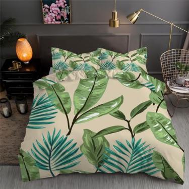 Imagem de Jogo de cama com 3 peças de capa de edredom com estampa de plantas tropicais, 172,7 x 228,6 cm e 2 fronhas, com fecho de zíper e laços