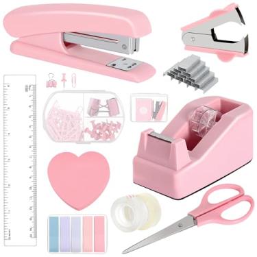 Imagem de Conjunto de material de escritório, grampeador rosa e dispensador de fita com removedor de grampeadores, conjunto de grampeador e grampos com 1000 grampos, clipes, fita, tesoura e abas, acessórios de