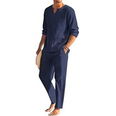 Imagem de COOFANDY Conjunto masculino de 2 peças de algodão e linho Henley camisa manga longa e calça de praia casual roupas de ioga de verão, Azul marinho, 4G