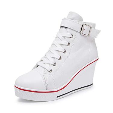 Imagem de Sapatos femininos de lona de salto alto modernos, sapatos casuais para caminhada, plataforma, sapatos de salto alto, 02 branco, 37