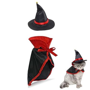 Imagem de QIYADIN Capa de Halloween para animais de estimação cosplay capa de vampiro com chapéu para gatos e cães pequenos, roupas de fantasia de Halloween para animais de estimação com boné