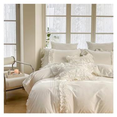 Imagem de Jogo de cama 600TC 100% algodão lavado princesa babados jogo de cama solteiro casal 100% algodão conjunto de capa de edredom fronhas, lençóis de cama (uma cor casal 150 x 200 cm 3 peças)
