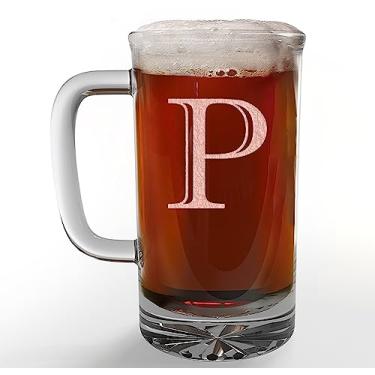 Imagem de Caneca de cerveja de vidro com monograma gravado de 473 ml (letra P), presentes de cerveja personalizados A-Z para homens, dia dos pais, copos de cerveja personalizados, presentes de aniversário
