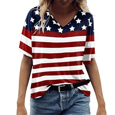 Imagem de Camisetas femininas 4th of July Stars Stripes Memorial Day Gift Camiseta gola V Casual Funny Graphic EUA Bandeira Patriótica Tops, Vermelho, G