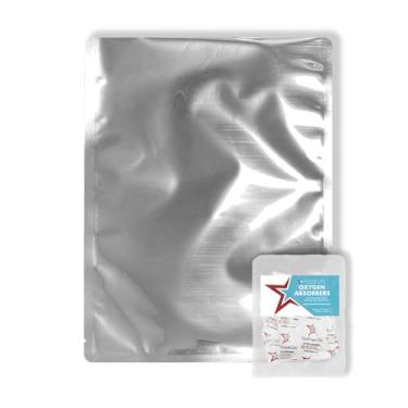 Imagem de PackFreshUSA: Sacos Mylar genuínos de um galão (25,4 cm x 35,5 cm) - Pacotes absorventes de oxigênio de alta capacidade de 500 cc - cantos arredondados - selável a quente - Guia de armazenamento de