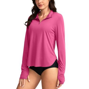 Imagem de Soothfeel Camisetas femininas FPS 50+ manga comprida com zíper 1/4 pulôver proteção solar UV camiseta de golfe para treino atlético para mulheres, Rosa (Sizzling Pink), M