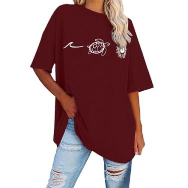 Imagem de Camisetas femininas de verão com estampa de tartaruga marinha, manga curta, gola redonda, túnica larga e larga, blusas de férias na praia, Vinho, XXG