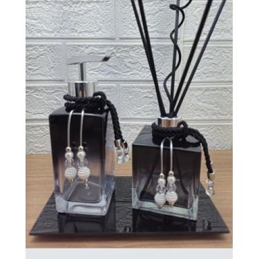 Imagem de Kit Lavabo Jogo Banheiro Luxo Difusor, Porta Sabonete Líquido, Bandeja Decorativa, Conjunto Pia Banheiro, Dispenser Aromatizador, Organizadores Decoração Banheiro, Preto Degradê Prata