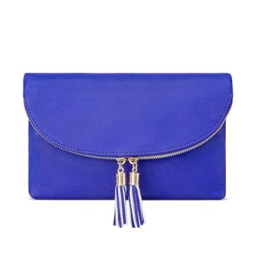 Imagem de Solene Bolsa clutch feminina com vários compartimentos, 6 compartimentos para cartão dentro, bolsa transversal com borlas, Azul royal, Small