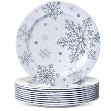 Imagem de Ziliny 10 peças de pratos de floco de neve de melamina de Natal, pratos brancos prateados de floco de neve de inverno, pratos de salada para jantar de floco de neve para adultos, Natal, aniversário,