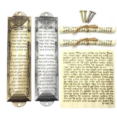 Imagem de Zivosely Pacote com 2 mezuzá com rolagem para porta - Mezuzá judaica para caixas de metal com bênção em inglês e hebraico para presente de Hanukkah para aquecimento de casa (ouro antigo e prata)