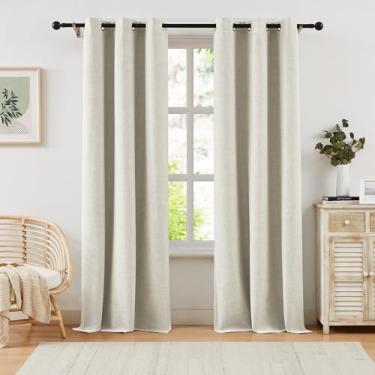 Imagem de Cortinas de linho 100% blackout naturais para quarto, cortinas pretas de 153 cm de comprimento, cortinas texturizadas grossas para sala de estar, cortinas de escurecimento de quarto com ilhós, 107 cm