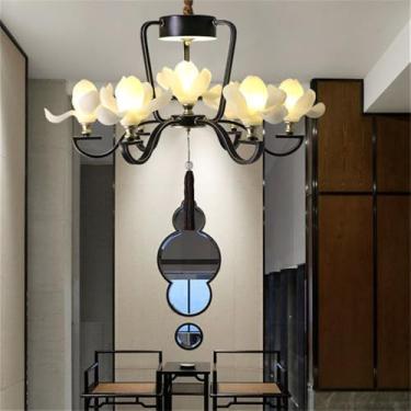 Imagem de OUFULA Luminária pendente de lótus contemporânea chinesa retrô criatividade sala de estar restaurante quarto villa hotel balcão decoração led lustre (E Black 6 lights)