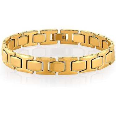 Imagem de Urban Jewelry Pulseira masculina banhada a ouro 18K – estilo pirâmide polida, 21 cm de comprimento, 11 mm de largura, resistente a arranhões, caixa de presente