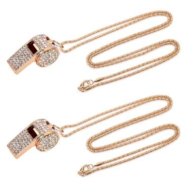 Imagem de 2 peças de apitos de strass de cristal brilhante de diamante dourado com cordão de corrente dourada brilhante som alto equipamento de presente esportivo para árbitros, professores, funcionários