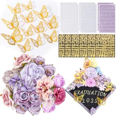 Imagem de O kit de decorações de boné de formatura inclui adesivos de borboleta 3D de flores sortidas com glitter, strass, alfabeto, letras, números, adesivos para boné de graduação DIY 2025 suprimentos de
