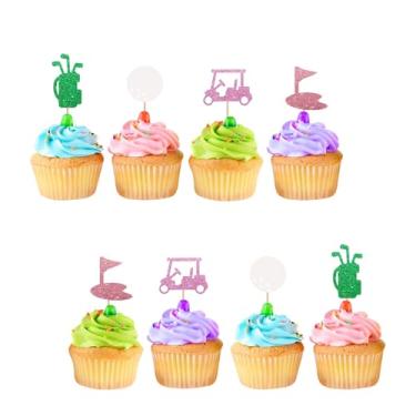 Imagem de 24 peças de topos de cupcake de golfe, enfeites de cupcake de aniversário, palhetas de cupcake de golfe com glitter verde para crianças, suprimentos de festa de aniversário/aposentadoria com tema de