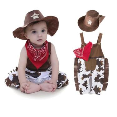 Imagem de LXXIASHI 3PCS Cowboys Romper Outfit Set Baby Boy Suspenders Jumpsuit Overall Pants + Scarf + Hat (White Brown, 6-12 Months)