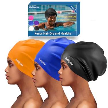 Imagem de Pacote com 3 toucas de natação extra grande para tranças e dreadlocks - Chapéu de natação de silicone impermeável para mulheres com cabelo comprido e grosso, touca de natação protetora para orelhas